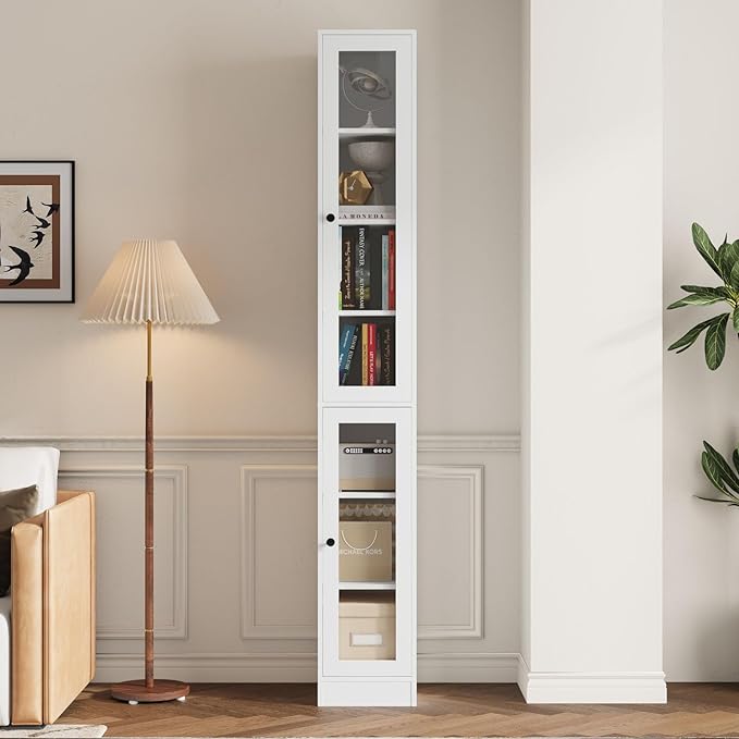 TUSY 85.5 Inch Tall Bookshelf with Doors - 7 Tier Bookcase with Glass Doors and Drawer, 23.6" Wide Storage Cabinet with Open Shelves for Living Room, White Book Shelf for Home Office, Study (D)