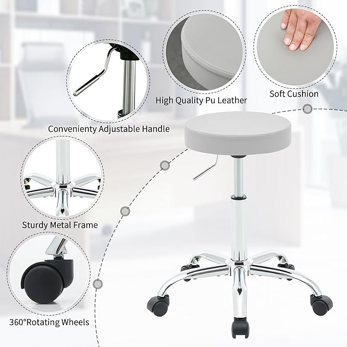 FIRAVOE Drafting Stool, Adjustable Office Chair 19.5"-26.6", Gray Work Stools with Wheels (Gray)