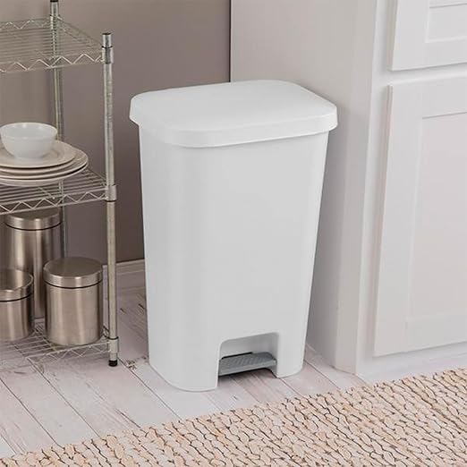 Sterilite 11.9 Gallon Rectangular Step On Kitchen Plastic Indoor Wastebasket with Wide Opening Lid and Comfort Handle for Home, White (16 Pack)