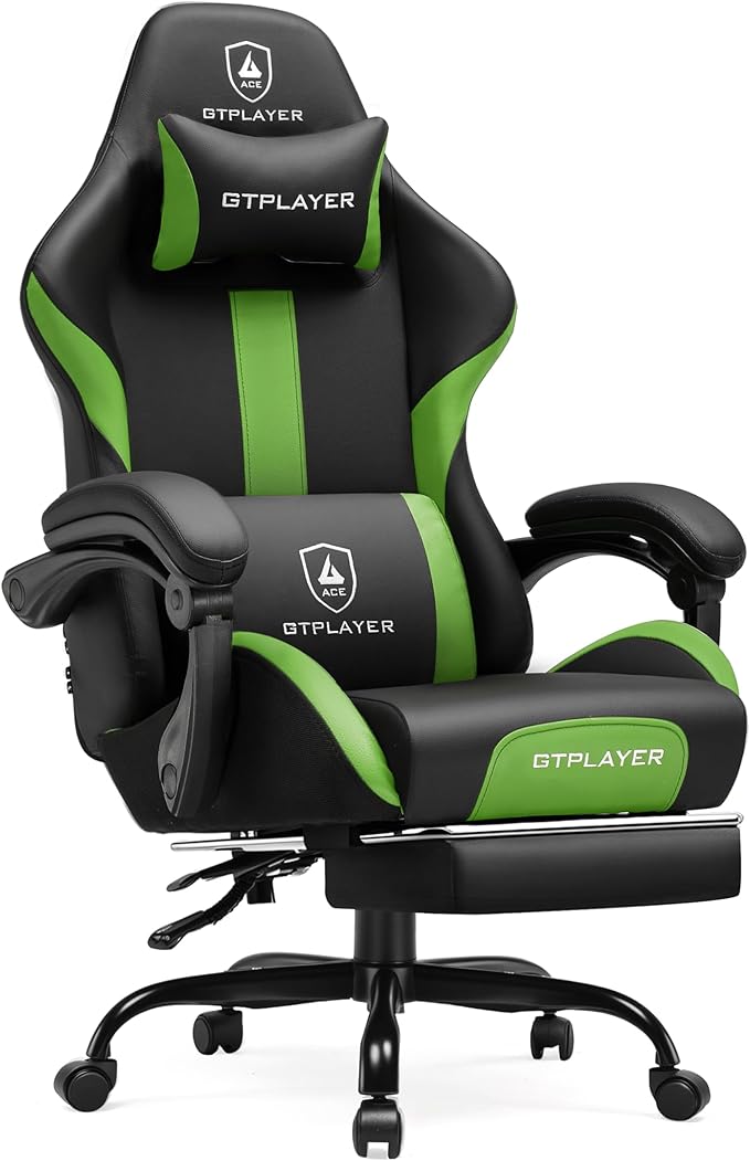 GTPLAYER Gaming Chair with Foot Rest & Pocket Spring Cushion, Ergonomic High Back Computer Chair with Headrest & 360°-Swivel Seat for Home Office Desk, PU Leather, Vivid Green
