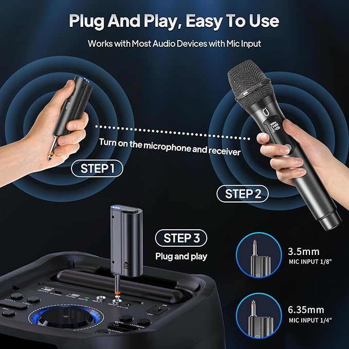 Wireless Microphones, Two Rechargeable Bluetooth 5.3 Microphones for Karaoke Singing, Rechargeable Dynamic Mic System with Receiver for Church, Party, Meeting, Speech, PA System, Plug and Play (Gray)