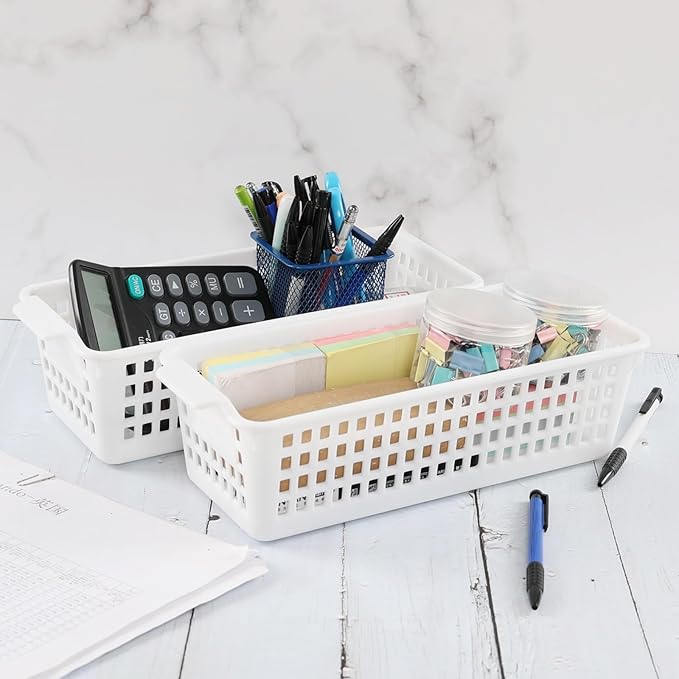 6 Pack Slim Plastic Storage Basket, Small Desktop Organizing Basket, White