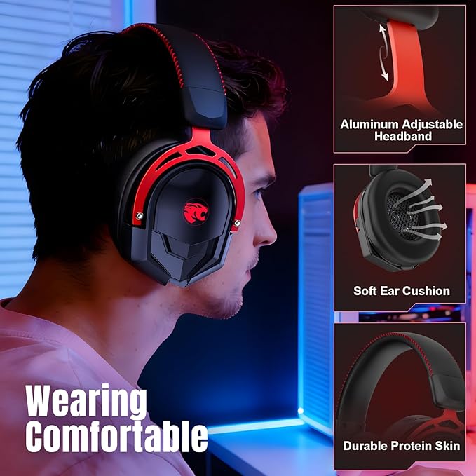 K98 Wired Gaming Headset, Durable Aluminum Frame Gaming Headset with Memory Earmuffs, 50mm Dynamic Drivers Stereo Surround Sound, Over Ear Headset for PC, PS4, PS5, Switch, Xbox One, Mac (Black)