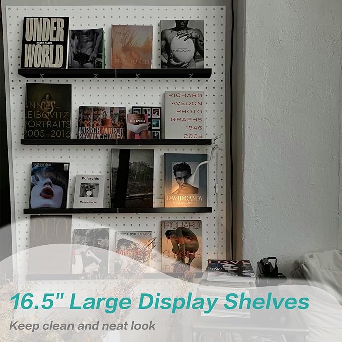 Pegboard Shelves, 16" x 6" Large Peg Board Racks 2Pack Wall Organizer Shelf, 1/4inch Heavy Duty Metal Brackets Fit All Pegboards, Wood Slats, Craft Garage Workbench Office Shelving Accessories (Black)