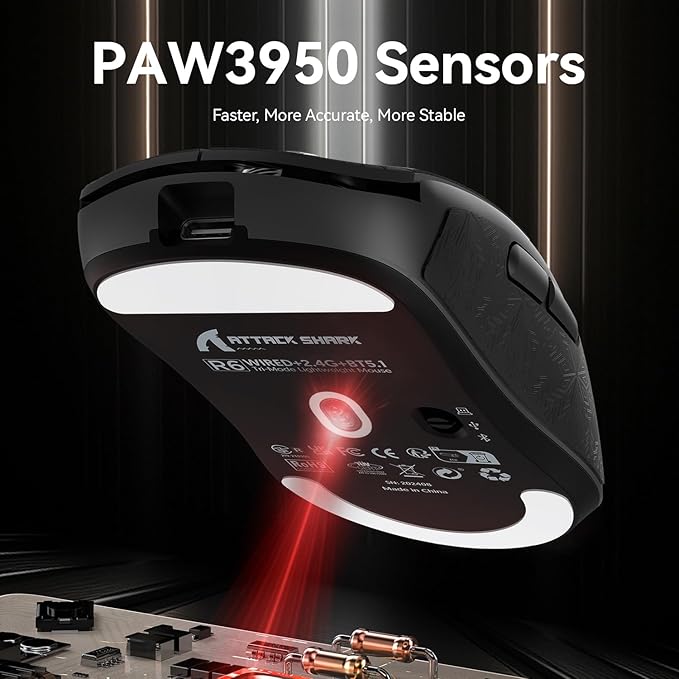 ATTACK SHARK R6 Wireless Gaming Mouse,38G Ultra-Lightweight Trip-Mode 2.4G/USB-C/Bluetooth Mouse Gaming with PAW3950MAX Sensor,42000 DPI,50G Accelerated Speed for PC/Laptop/Mac -Black&Tape