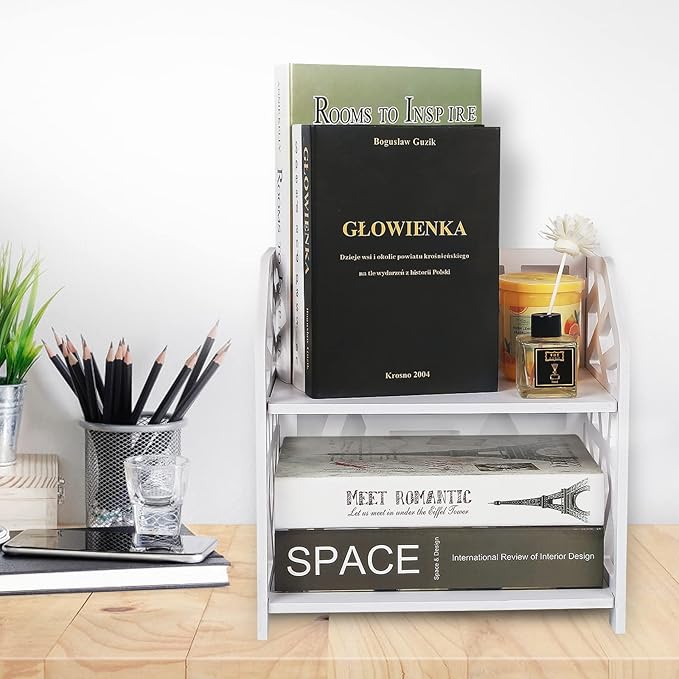YGYQZ Small Bookshelf for Desktop Storage, Mini Cute Office Desk Shelves White Versatility Organizers for Women, Kids