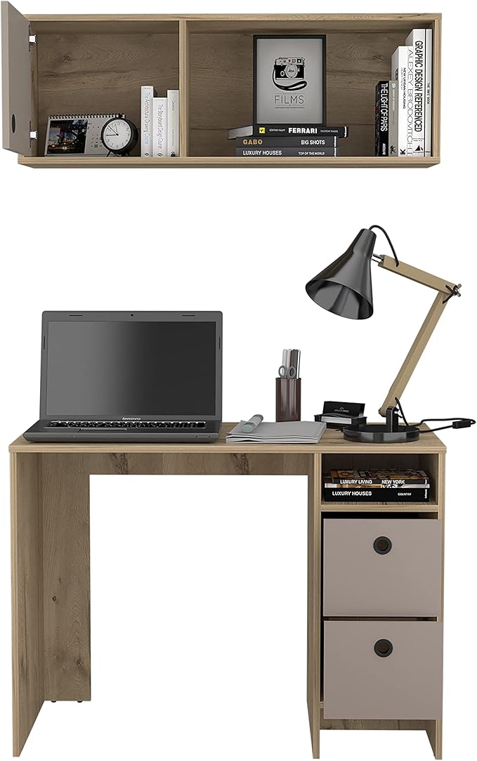 Khali Office Set - 2 Shelves, 2 Drawers, Wall Cabinet, Single Door Cabinet - Light Oak/Taupe Home Office Furniture