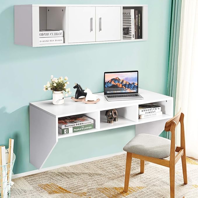 Giantex Wall Mounted Storage Cabinet and Floating Computer Desk Set W/Storage Shelves for Living Room, Bedroom, Office TV Media Floating Console Table Set