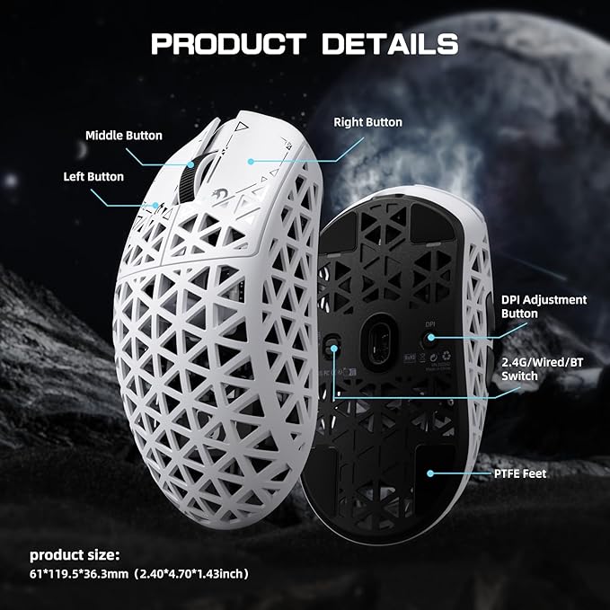 MAMBASNAKE M5 Ultra Carbon Fiber 8000Hz Wireless Gaming Mouse, 39g Superlight, 42000DPI, PAW3950MAX Sensor, Nordic 52840 Chip, Bluetooth/2.4G/USB-C Wired Mice wih Coiled Cable for PC/Mac (White)