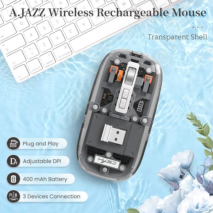 A.JAZZ Wireless Bluetooth5.1&2.4G Mini Lightweight Mouse,Transparent Clear Cool,Rechargeable Silent Computer Mice,Nano USB C Receiver,LED Battery Magic Silm for Office/PC/Mac/Laptop/Apple/ipad(Black)