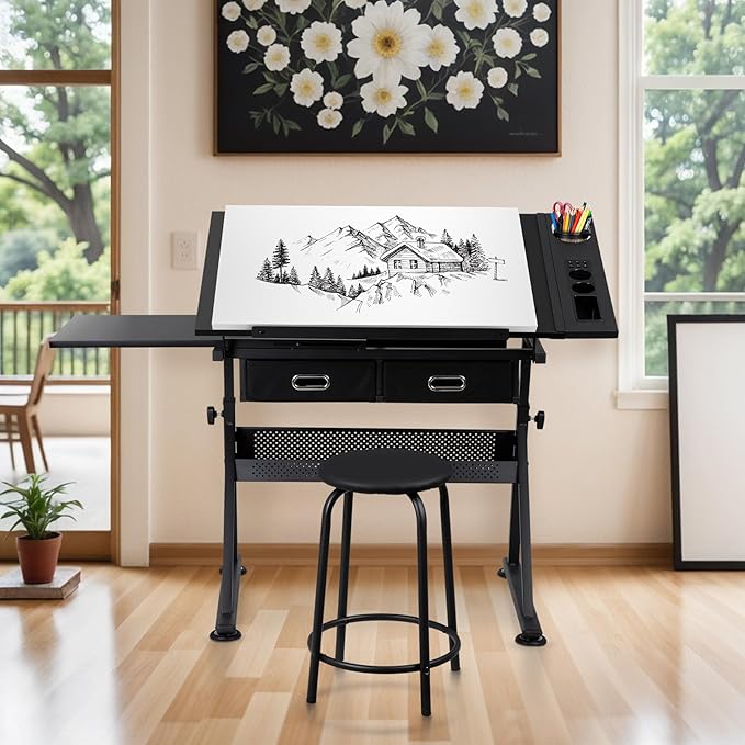 Nova Microdermabrasion Height Adjustable Drafting Table - Art/Craft Desk with Stool and 2 Slide Drawers for Reading, Writing, Crafting, Painting