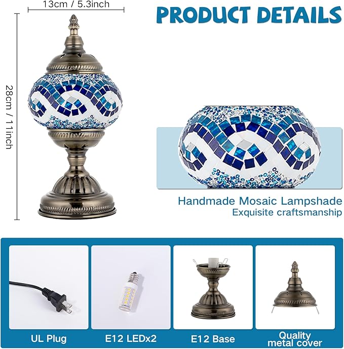 GOGERS Turkish Moroccan Table Lamp Lantern with Handmade Mosaic Glass Lampshade Tiffany Style Bohemian Stained Glass Decorative Desk Lamps Bedside Night Lights for Bedroom (White Multiple Blues)