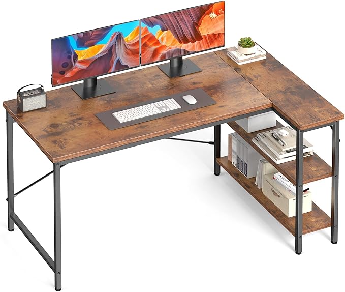 DUMOS L Shaped Desk 39 Inch Computer Desk Gaming Furniture Corner Desks Home Office PC Table with Reversible Storage Shelves for Writing Working Study Bedroom Dorm, Rustic Brown