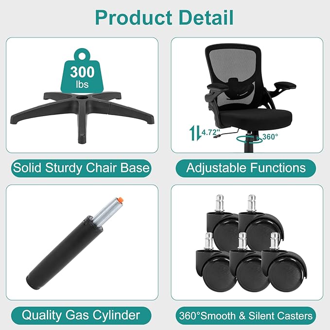 Office Chair, Ergonomic Desk Chair with Adjustable Lumbar Support Breathable Mesh Computer Chair with Flip-up Armrests, Comfy Mid Back Rolling Swivel Executive Chair for Home Office, Black