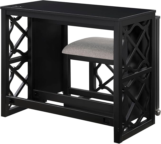 Lexicon Space-Saving Home Office Wood Desk Set, Modern Makeup Vanity Desk with Padded Vanity Stool, USB Charging Port, Nesting Table, Rolling Small Computer Table for Writing/Study/Bedroom, Black