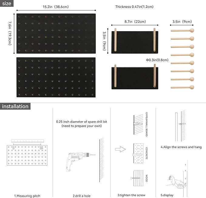 Wooden Pegboard Accessories Set: Modular Wall Hooks & Shelf for Garage, Office & Home Organization(Black Colored Finish-B)