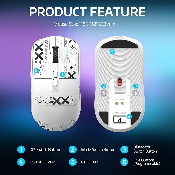 Attack Shark X6 49g Superlight Wireless Gaming Mouse with Magnetic RGB Charging Dock,BT/2.4GHz Wireless/Wired Mouse,PixArt PAW3395 Sensor, 26000DPI, Griptape, 200Hrs Battery for Win/Mac (White)