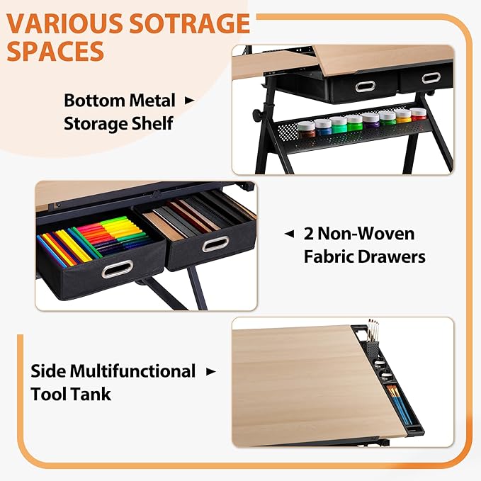 JupiterForce Drafting Table Art Desk w/Power Outlet and Stool, Adjustable Tilting Drawing Table Artist Desk with 2 Storage Drawers, Art Craft Work Station for Home Office Working, Writing, Crafting
