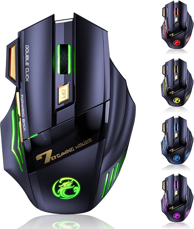 VEGCOO Wireless Gaming Mouse, Rechargeable Silent Wireless Mouse with 4800 DPI Adjustable,Double Click Key, Colorful RGB Lights, Computer Mice with Thumb Rest for PC/Mac Gamer (C26 Black)