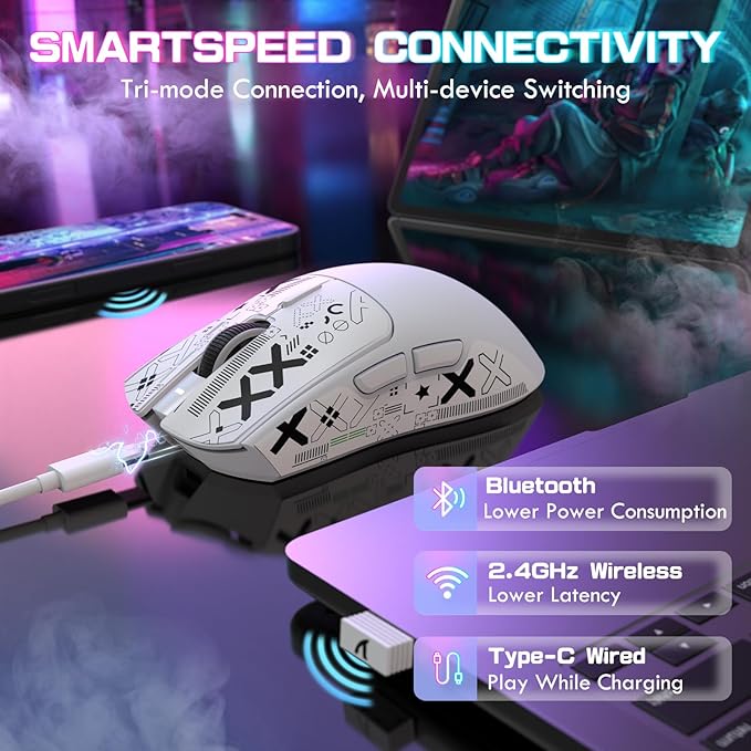 ATTACK SHARK X1 Ultralight Wireless Gaming Mouse with Magnetic RGB Charging Dock,Anti Slip Grip Tape,PixArt PAW3395 Pro Sensor,40000DPI,BT/2.4Ghz/Wired,Optical Computer Mouse for PC Mac Gamer(White)