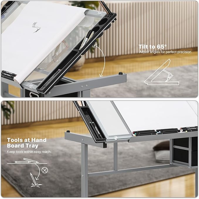 Athena Collection 41" Drafting Table Adjustable Angle Drawing Table Tempered Glass Art Desk Metal Frame Craft Desk for Artist with Fabric Drawers, Rolling Casters and Trays, Light Grey