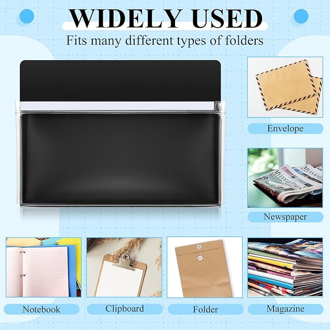 Henoyso 5 Pcs Magnetic File Holder 12 x 9.5 inches Paper Holder Magnetic Pen Dry Erase Marker Organizer Fridge Pocket Organizer for Whiteboard Refrigerator (Black)
