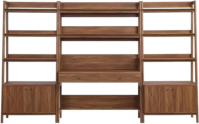 Modway Bixby 3-Piece Home Office Desk and Bookshelf Display Case in Walnut