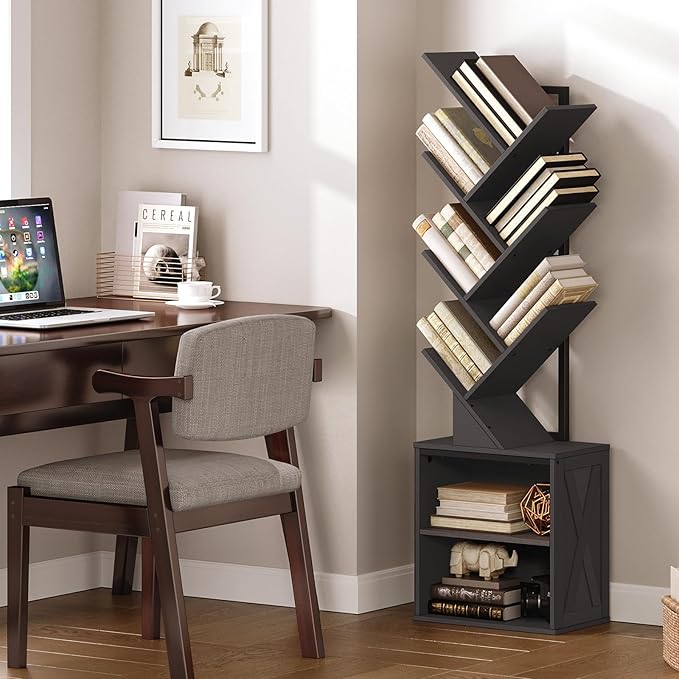 RALGEND Tree Bookshelf, 6 Tier Bookcase with 2 Storage Racks, Free Standing Wooden Bookcase, Floor Standing Book Shelf Organizer for Living Room, Bedroom, Study, Home Office, Black