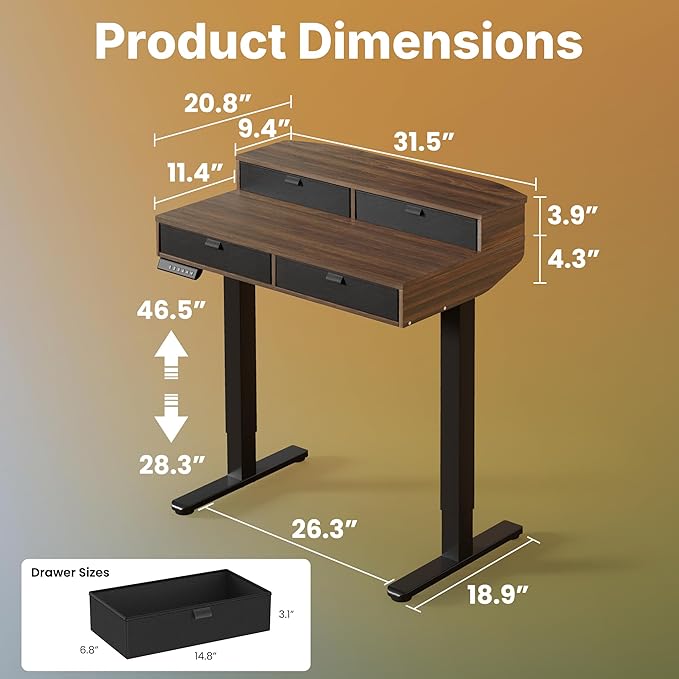 HUANUO 32 x 20 inch Electric Standing Desk with 4 Drawers, Adjustable Height Sit Stand Home Office Desk, C-Clamp Mount Compatible, Ergonomic Stand up Desk with 4 Preset Heights, Walnut
