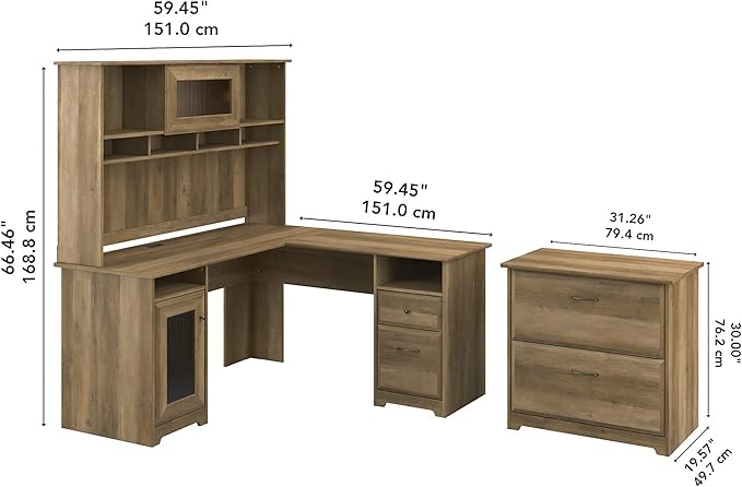 Bush Furniture Cabot 60W L Shaped Computer Desk with Hutch and Lateral File Cabinet in Reclaimed Pine