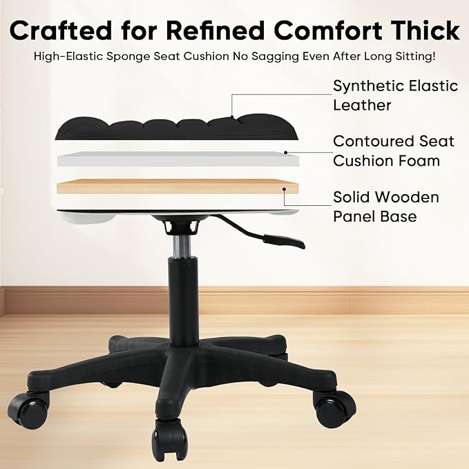 Height Adjustable Foot Stool,Large Seat Under Desk Footrest,Swivel Rolling Chair W Sturdy Wheels,Ottoman Stool Simple Meeting Chair for Home Office,Black