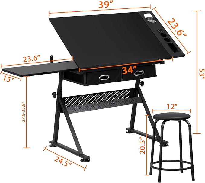 Nova Microdermabrasion Height Adjustable Drafting Table - Art/Craft Desk with Stool and 2 Slide Drawers for Reading, Writing, Crafting, Painting