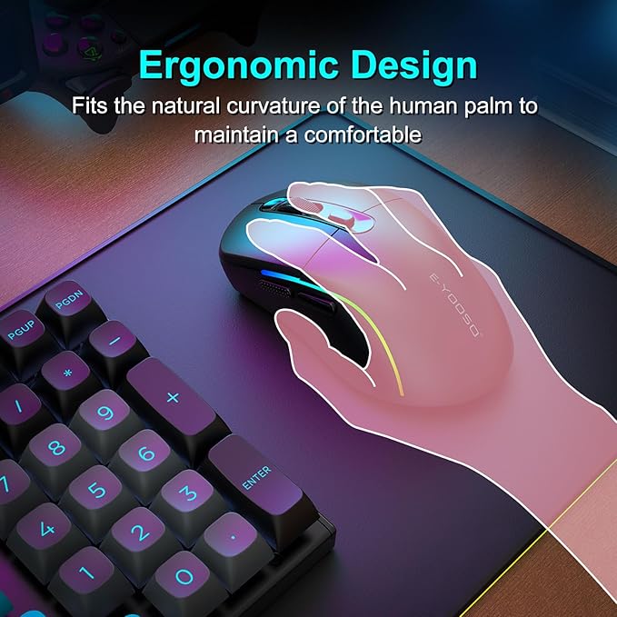 E-YOOSO Wireless Gaming Mouse, 10,000 DPI, Tri-Mode 2.4Ghz/Bluetooth/USB-C Wired, RGB Backlit, 6 Programmable Buttons, Ergonomic Rechargeable Gamer Mice with PC, Mac, PS, Xbox - Black