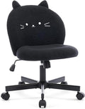 Vanity Chair with Cat Back,Armless Desk Chair Cute Small Office Chair,Teddy Fabric Computer Chair with Adjustable Height,120°Tilting,Rolling,Swivel for Vanity,Kids Room,Office,Bedroom Black