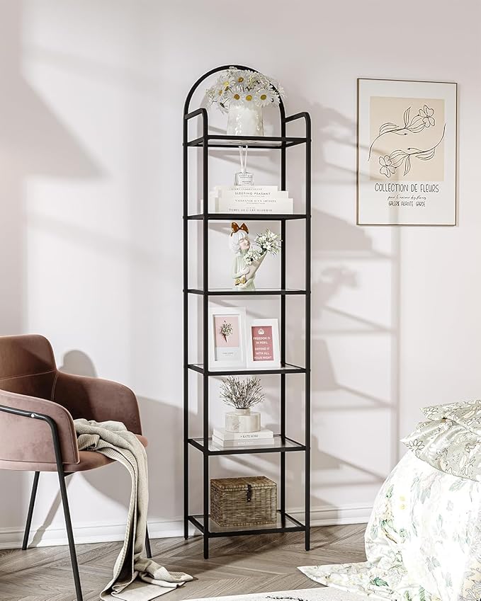 Hzuaneri Bookcase Bookshelf, Tempered Glass Bookshelves, Slim Shelving Unit for Bedroom, Bathroom, Home Office, Steel Frame, 6 Tier Black BC10601B