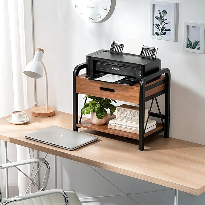 Printer Stand with Storage for Desk, 2 Tier Desktop Printer Table Shelf for Home Office with Wooden Storage Drawer, Multi-Purpose Desk Organizer for Fax Machine, Scanner