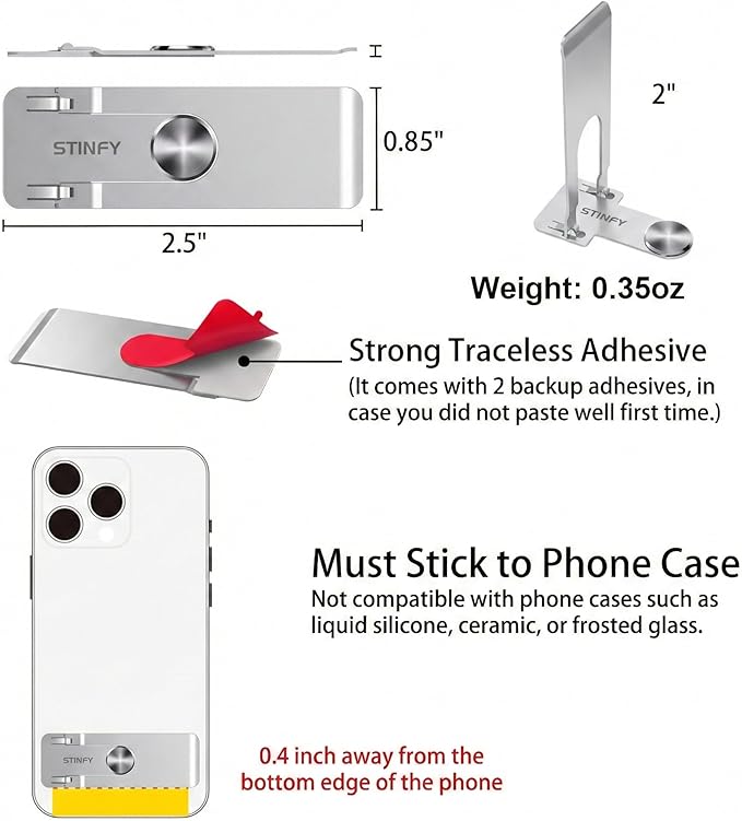 Phone Slim Stand Ultra Thin Kickstand, Unnoticeable Universal Vertical Horizontal Steel Metal Stable Mount Attachable Pocket Friendly Phone Holder for iPhone Samsung Phone Case (Sliver 1-Pack)