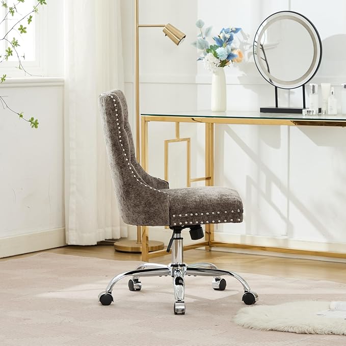 Goujxcy Desk Chair, Modern Chenille Upholstered Tufted Button Home Office Chair, 360° Swivel Armless Desk Chairs, 120°Rocking Ergonomic Computer Task Vanity Chairs, Gray