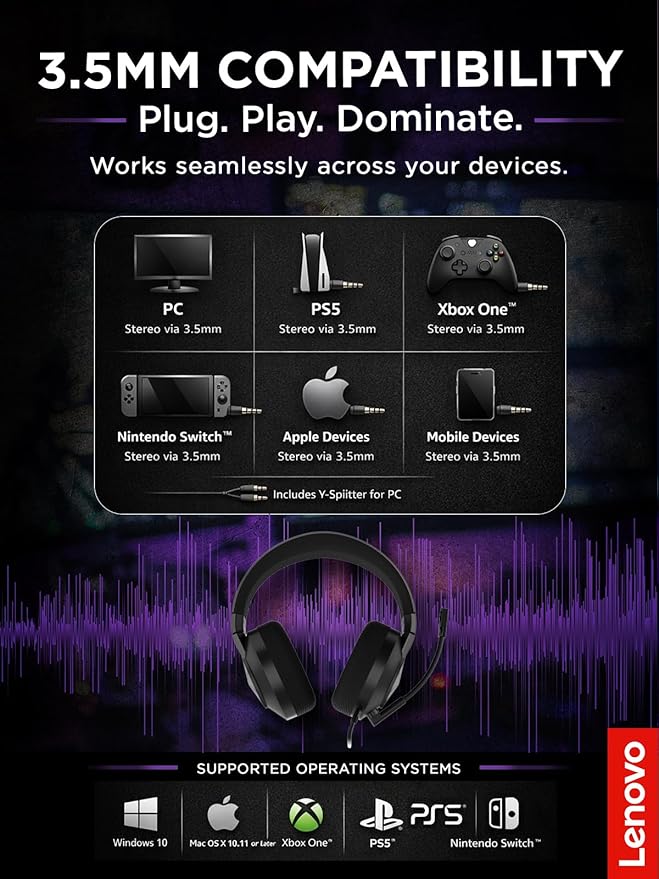 Lenovo H210 Wired Gaming Headset - 3.5mm Connection, Flip-to-Mute Noise-Cancelling Microphone, Breathable Ear Cups - Black