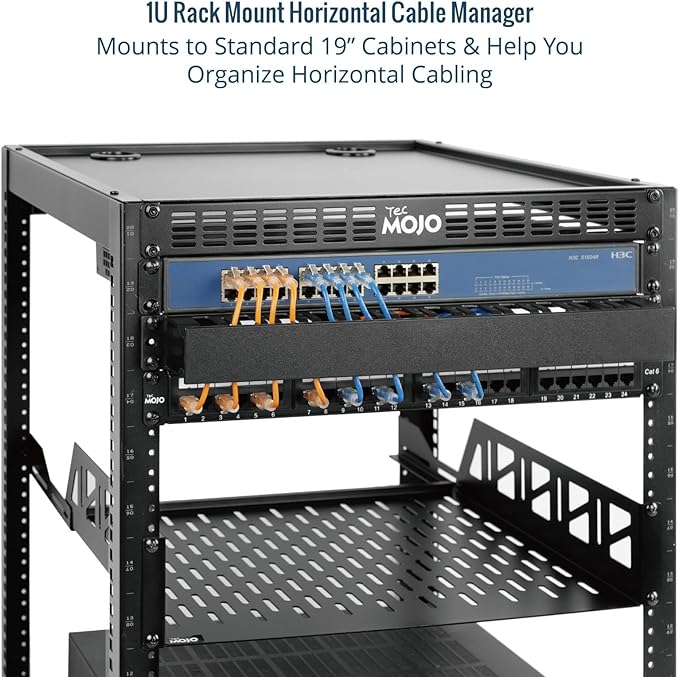 Tecmojo 2 Pack 1U Server Rack Horizontal Cable Management with Cover,2.6“ Depth Plastic Cable Manager,Rack Mount 12 Slots Wire Duct Organizer,for 19 inch AV/IT/Data/Audio and Network Cabinet