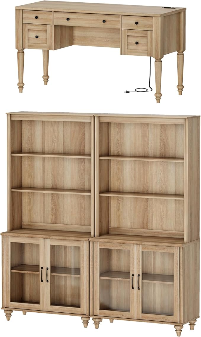 WAMPAT Home Office Furniture Set, 56'' Executive Desk with Charging Station, 72" Tall Bookcase with 4 Glass Doors, Wood Computer Desk with File Cabinet Storage, Open Shelf, Oak