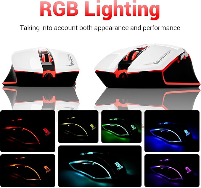 Wired Mouse for Computer and Laptop, Gaming Mouse RGB, Wired Optical Mouse with 6 Programmable Buttons & 7 Backlit Modes, USB Corded Mouse, Right or Left Hand Use - White