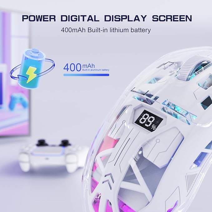 FREEWOLF A2 Transparent Wireless Gaming Mouse,Dual Mode BT 5.0/2.4G PC Gaming Mice,PixArt 3212 5 Adjustable DPI,Rechargeable Silent Mouse with Digital Screen,RGB Backlight Mouse for Win/Mac(White)