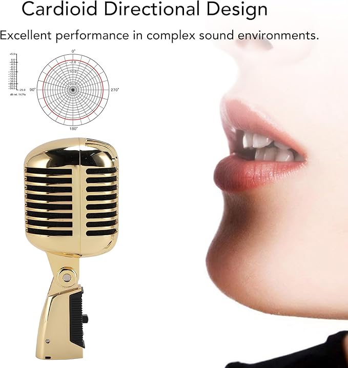 Classic Retro Microphone, Vintage Dynamic Microphone, Zinc Alloy Self Tensioning Rotating Rack, Unidirectional Cardioid Mic, Universal Stand Compatible (Golden)