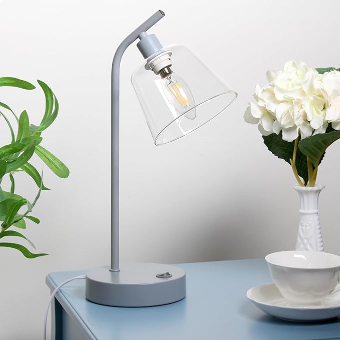 Simple Designs LD1074-GRY 15.75" Sleek Essentials Modern Industrial Metal Desk Lamp with Clear Glass Shade and Dual USB Ports, for Office, Desk, Nightstand, Dorm, Gray