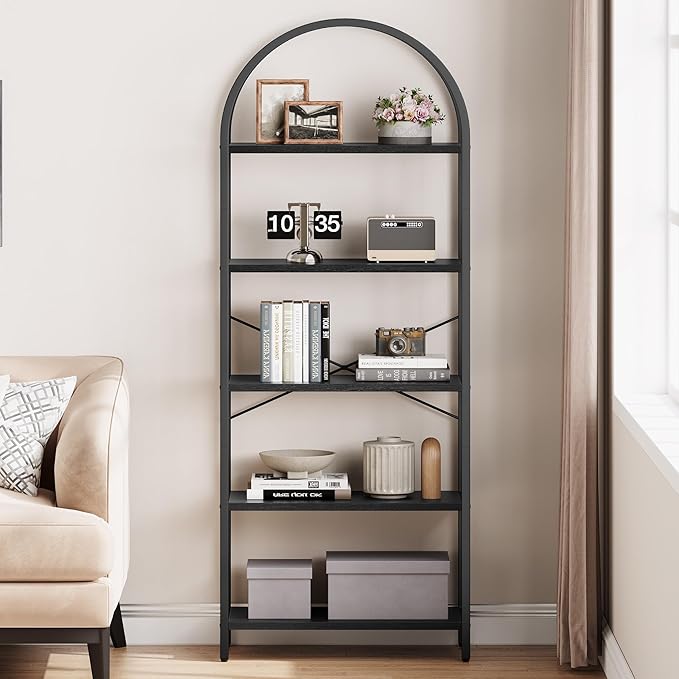 IDEALHOUSE Bookshelf 5 Tier Bookcase Arched Display Racks Tall Standing Bookshelves Metal Frame Modern Storage Rack Shelf Large Wood Book Shelf for Bedroom, Living Room, Home Office (Black)