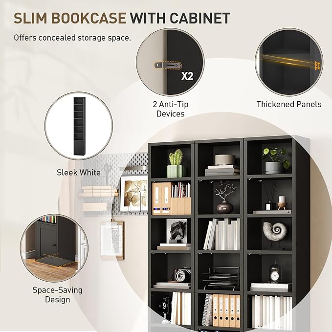 RALGEND 7-Tier Tall Narrow Bookshelf with Door Set of 4, 70.9 Inches CD DVD Slim Media Tower Rack with Storage Cabinet, Adjustable Shelves, Skinny Bookshelf Display Bookcase for Home Office, Black