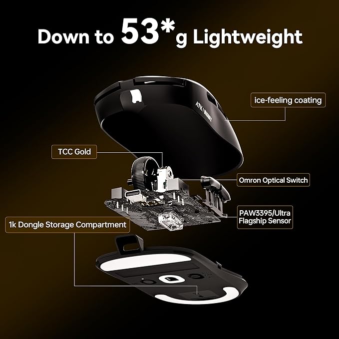 ATK Dragonfly A9 Plus Wireless Gaming Mouse, 57g Lightweight, PAW3395 Sensor, Adjustable DPI, 1K Polling, 240 Hr Battery Life, Tri-Mode NearLink/BT/Wired