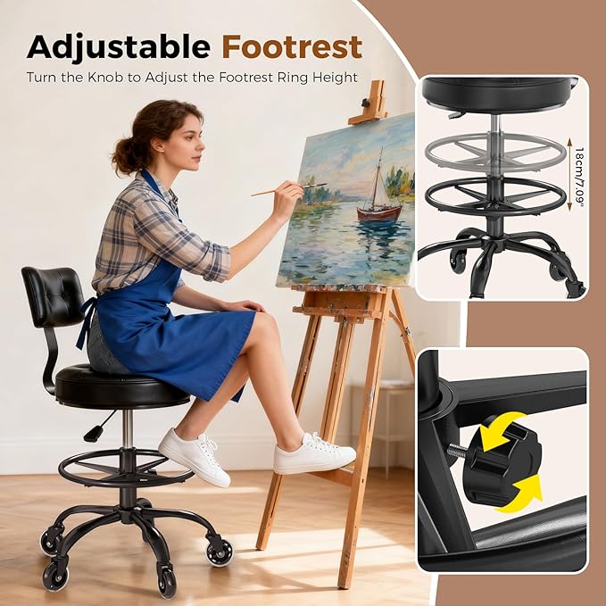 Office Drafting Chair with Footrest, Tall Height Adjustable Stool with Back Support, Heavy Duty Rolling Stool Chair with Wheels for Office Home Kitchen Bar Shop Guitar Studio Medical Vanity(Black)