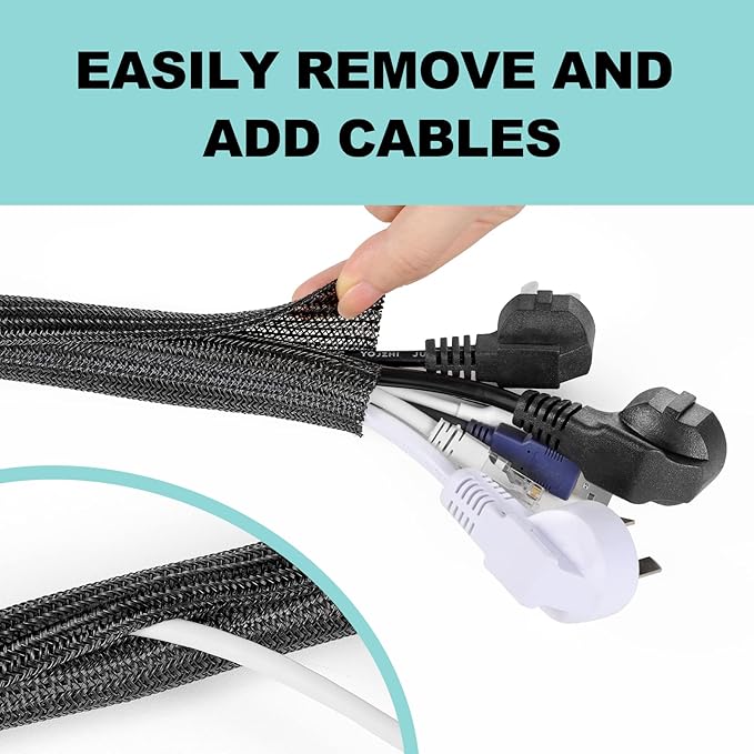 AGPTEK Cable Sleeve, 2 Pack 5ft - 1.2 Inch Cable Management, Desk Cord Cover Organizer Wire Hider for Home Office Computer TV Wire Loom Tubing, Pet Proof Cord Protector from Cat Dog Chewing, Black